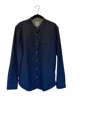 Bare Denim Men's Navy Dot-Print Band Collar Button-Down Classic Casual Shirt M/L